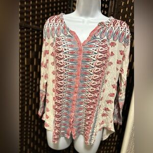 LUCKY BRAND red white and blue paisley button down Bohemian lightweight top.Sz.L